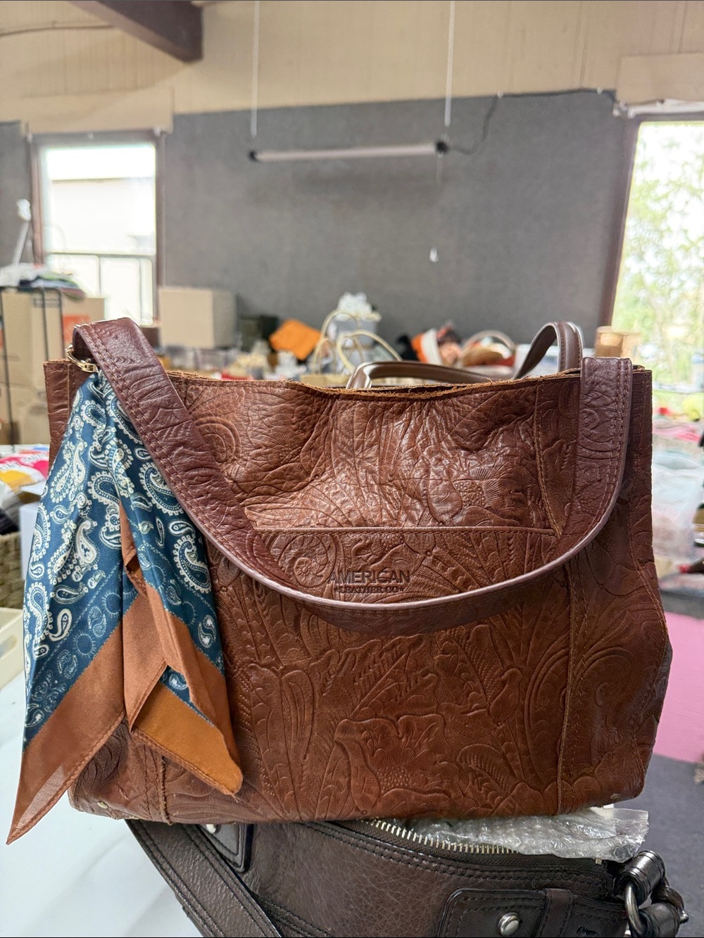 American Leather Co. Liberty Shopper Tooled leather finish shoulder bag